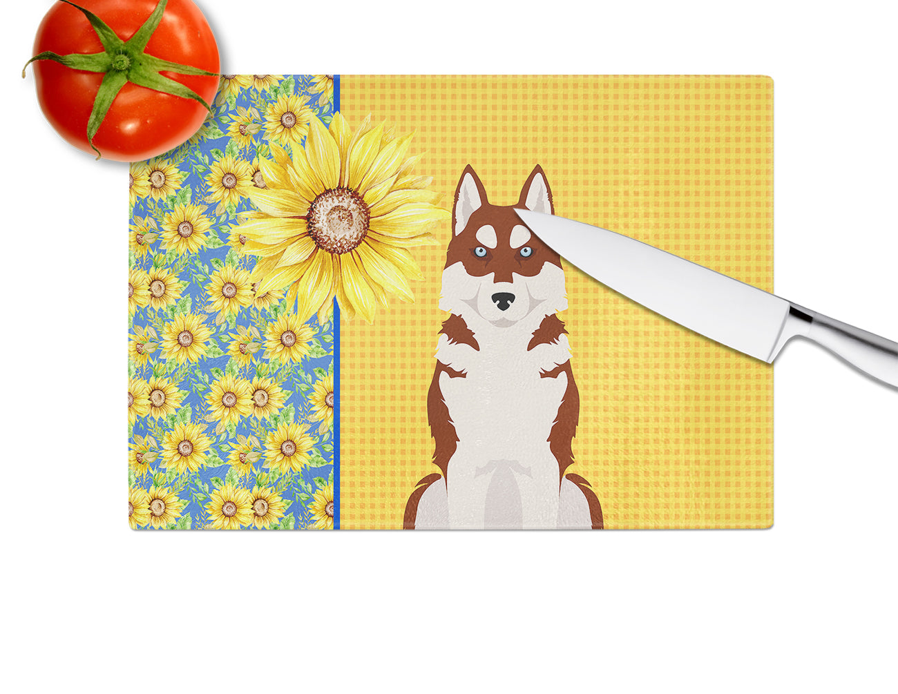 Summer Sunflowers Red Siberian Husky Glass Cutting Board Large - the-store.com