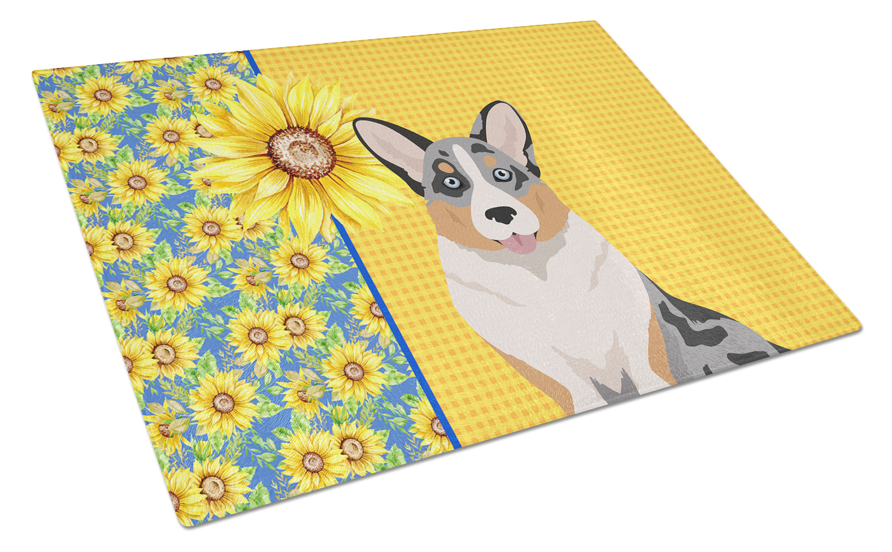 Buy this Summer Sunflowers Blue Merle Cardigan Corgi Glass Cutting Board Large