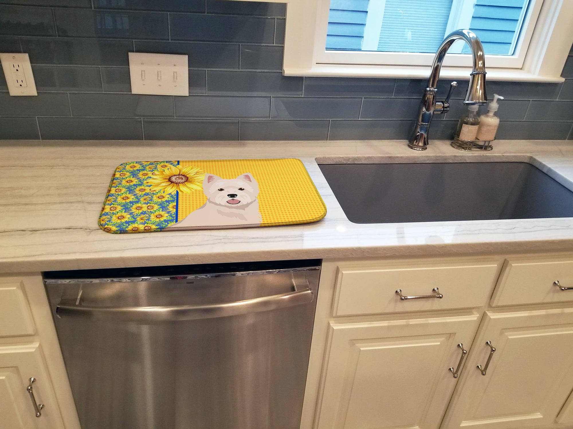 Caroline's Treasures Summer Sunflowers Westie West Highland White Terrier Dish Drying Mat – Absorbent, Artistic Kitchen Essentials