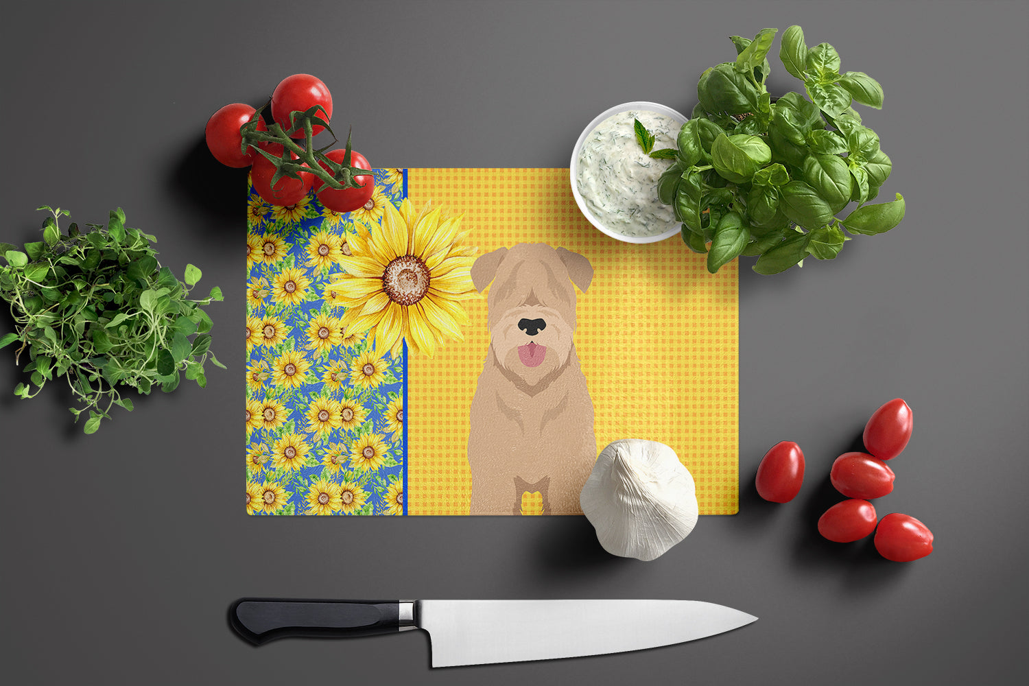 Summer Sunflowers Red Wheaten Terrier Glass Cutting Board Large - the-store.com
