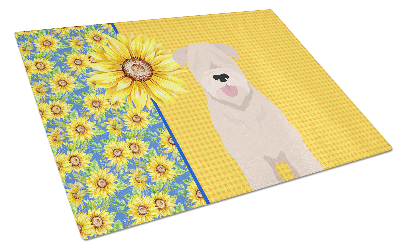 Buy this Summer Sunflowers Soft Coated Wheaten Terrier Glass Cutting Board Large