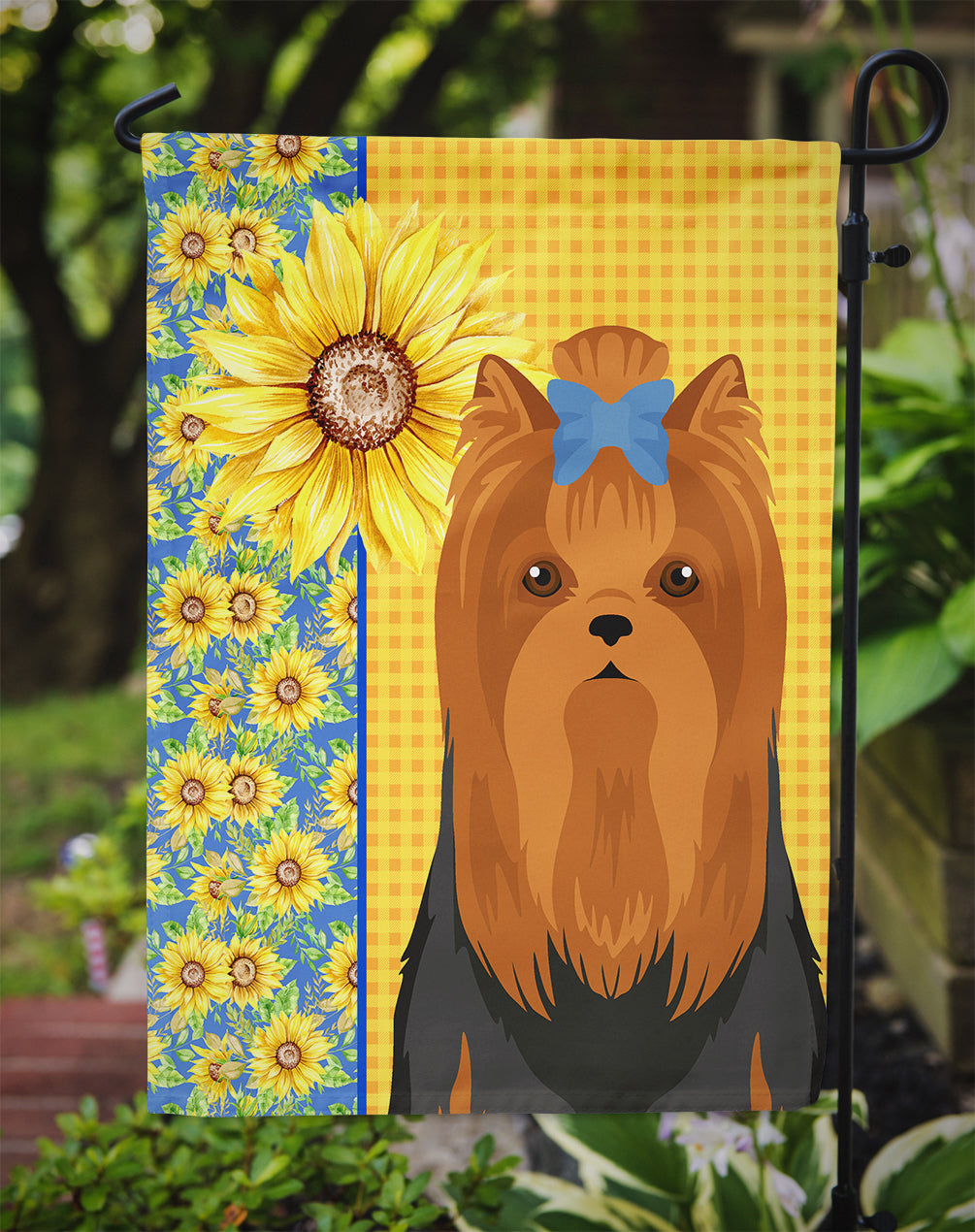 Summer Sunflowers Black and Tan Full Coat Yorkshire Terrier Flag Garden Size