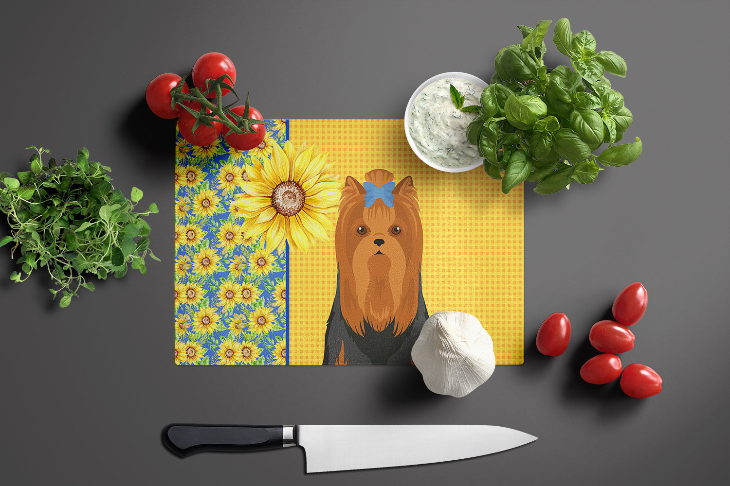 Summer Sunflowers Black and Tan Full Coat Yorkshire Terrier Glass Cutting Board Large - the-store.com