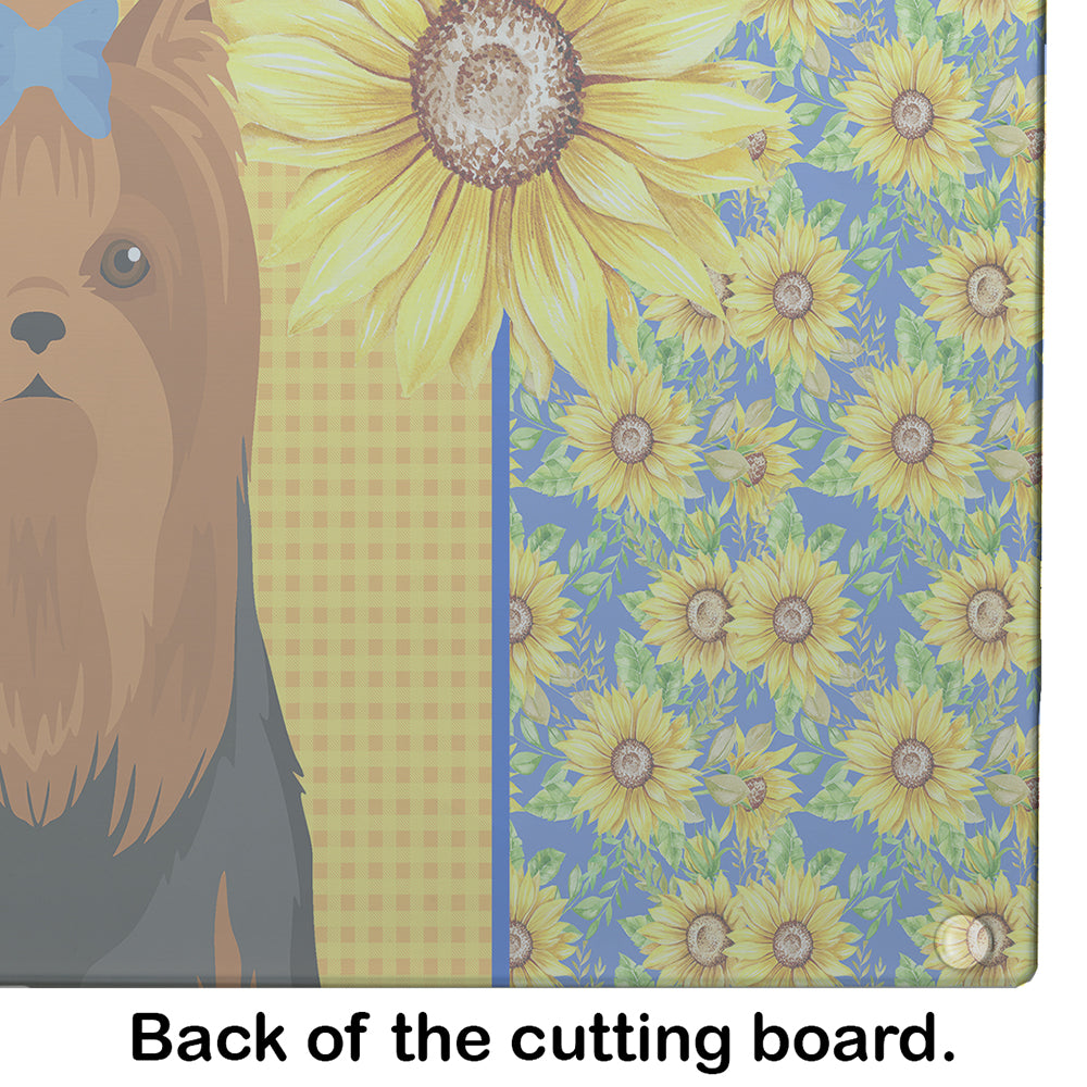 Summer Sunflowers Black and Tan Full Coat Yorkshire Terrier Glass Cutting Board Large - the-store.com