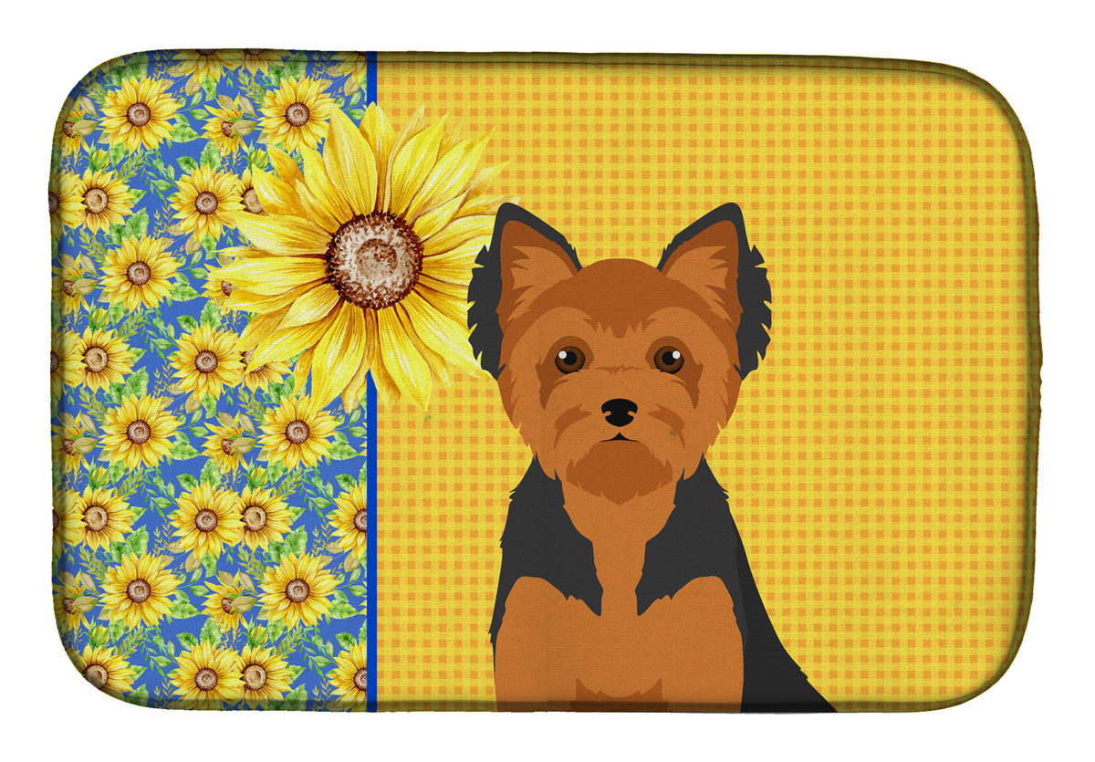 Summer Sunflowers Black and Tan Puppy Cut Yorkshire Terrier Dish Drying Mat