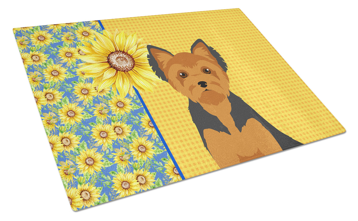 Buy this Summer Sunflowers Black and Tan Puppy Cut Yorkshire Terrier Glass Cutting Board Large