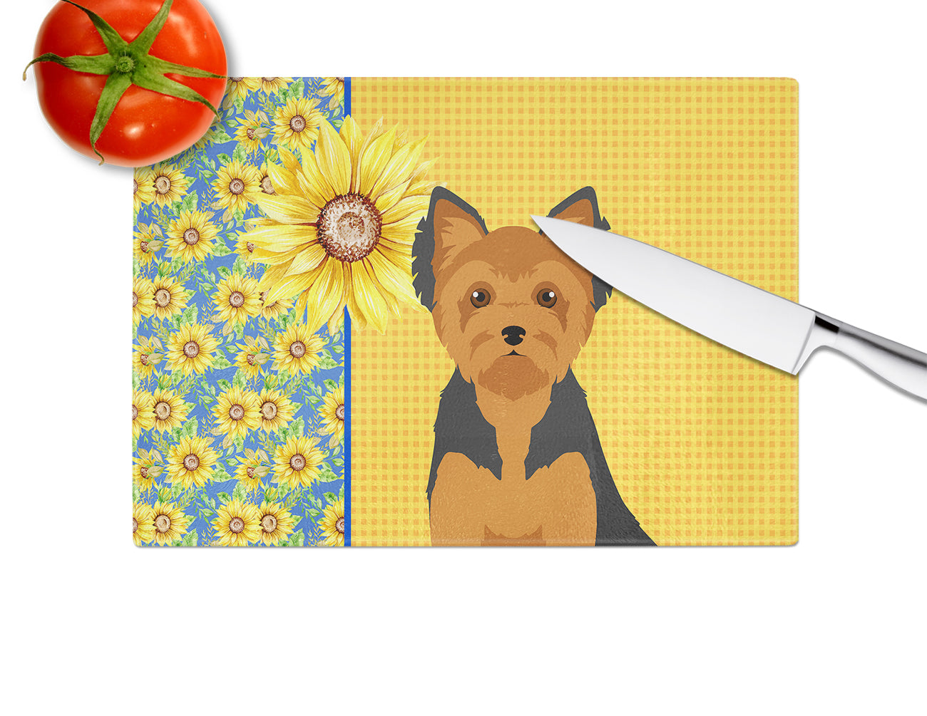 Summer Sunflowers Black and Tan Puppy Cut Yorkshire Terrier Glass Cutting Board Large - the-store.com