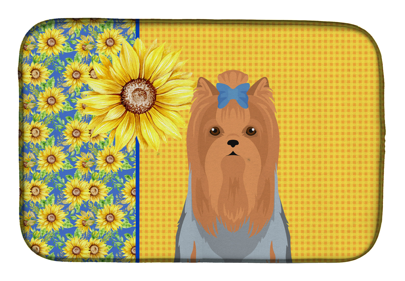 Summer Sunflowers Blue and Tan Full Coat Yorkshire Terrier Dish Drying Mat  the-store.com.