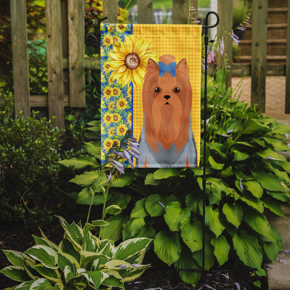 Summer Sunflowers Blue and Tan Full Coat Yorkshire Terrier Flag Garden Size  the-store.com.