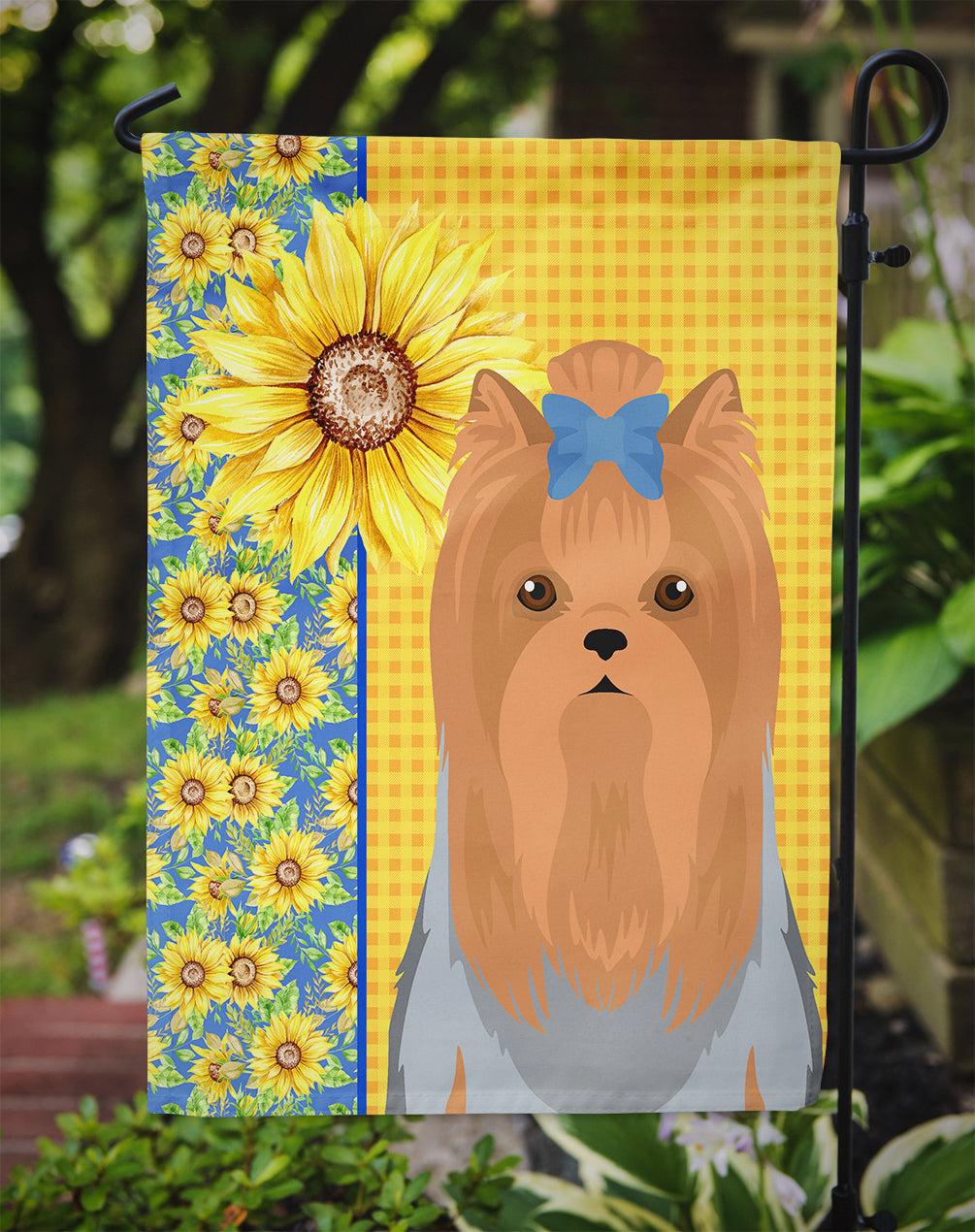 Summer Sunflowers Blue and Tan Full Coat Yorkshire Terrier Flag Garden Size