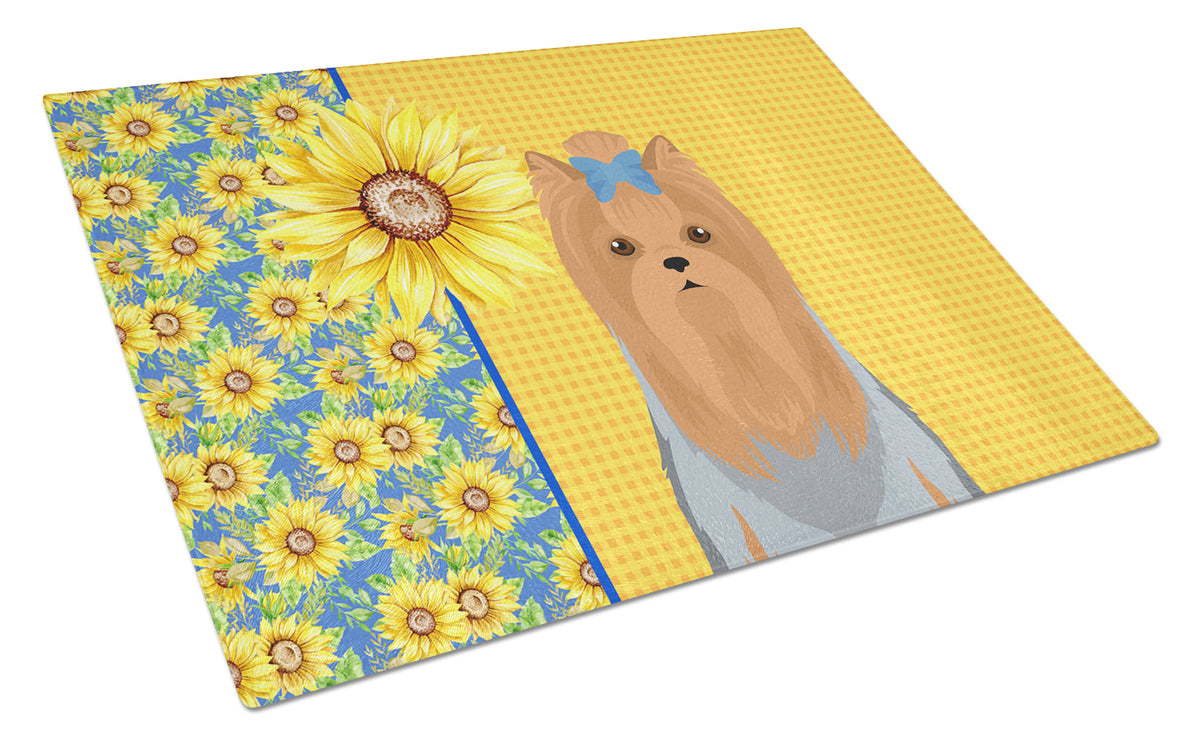 Buy this Summer Sunflowers Blue and Tan Full Coat Yorkshire Terrier Glass Cutting Board Large