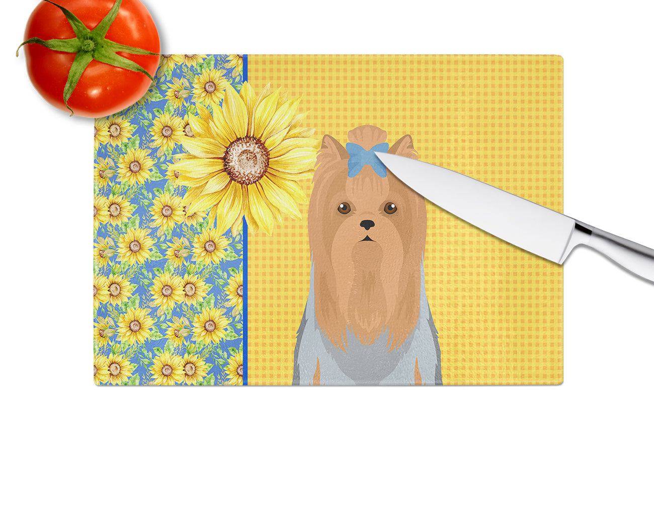 Summer Sunflowers Blue and Tan Full Coat Yorkshire Terrier Glass Cutting Board Large - the-store.com