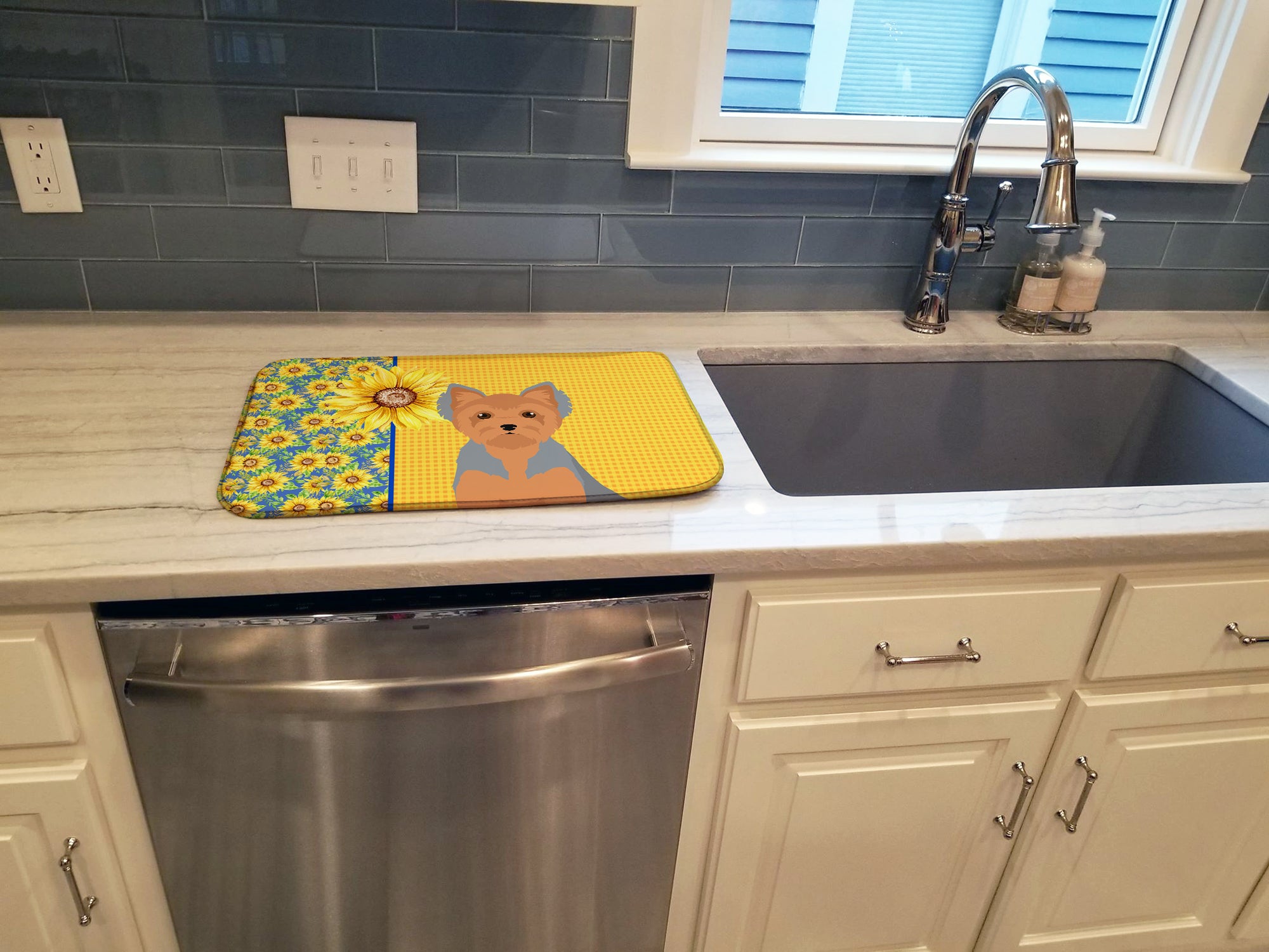 Summer Sunflowers Blue and Tan Puppy Cut Yorkshire Terrier Dish Drying Mat  the-store.com.