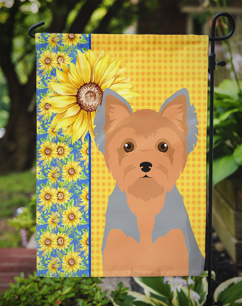 Summer Sunflowers Blue and Tan Puppy Cut Yorkshire Terrier Flag Garden Size