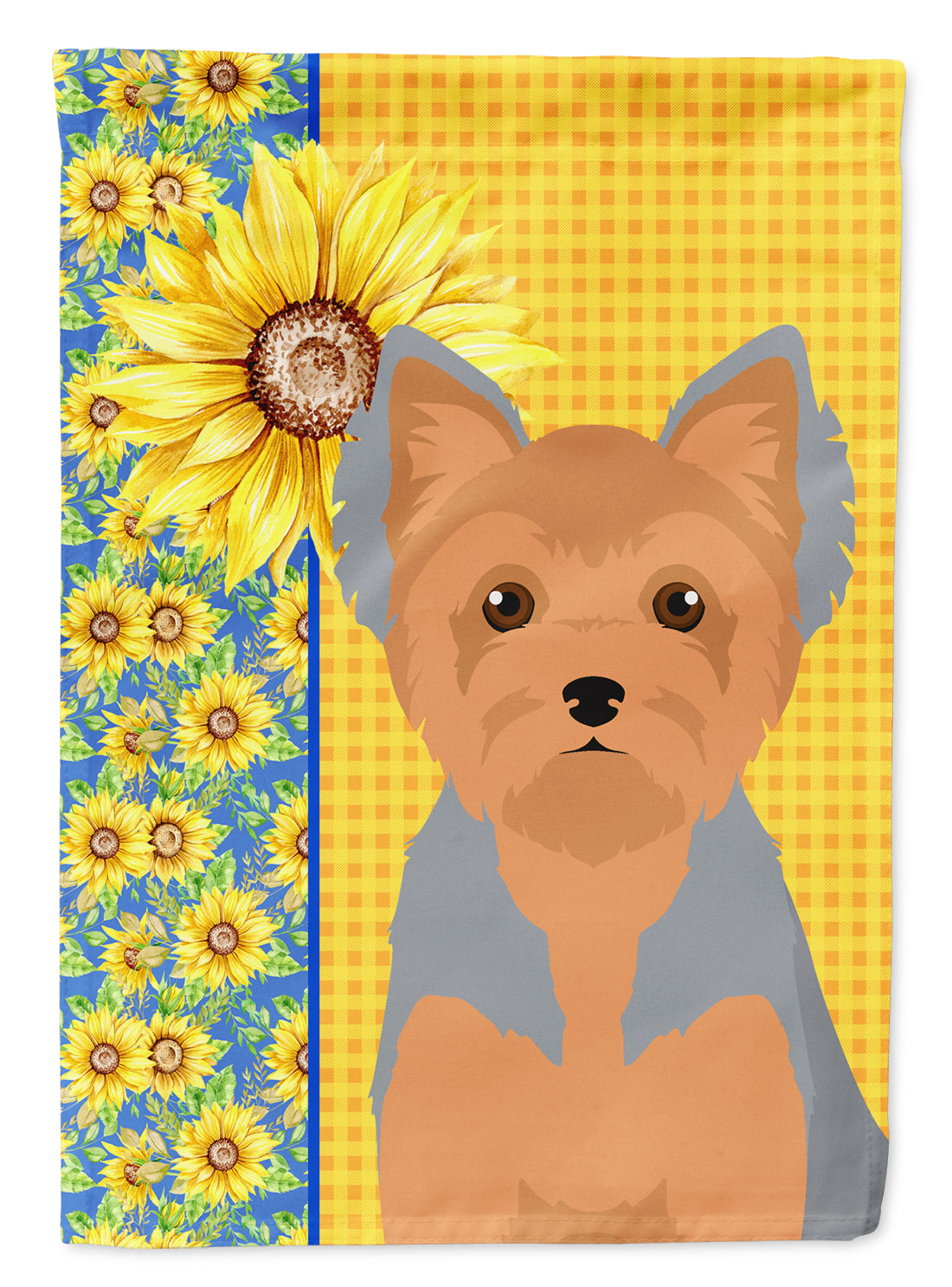 Summer Sunflowers Blue and Tan Puppy Cut Yorkshire Terrier Flag Garden Size  the-store.com.