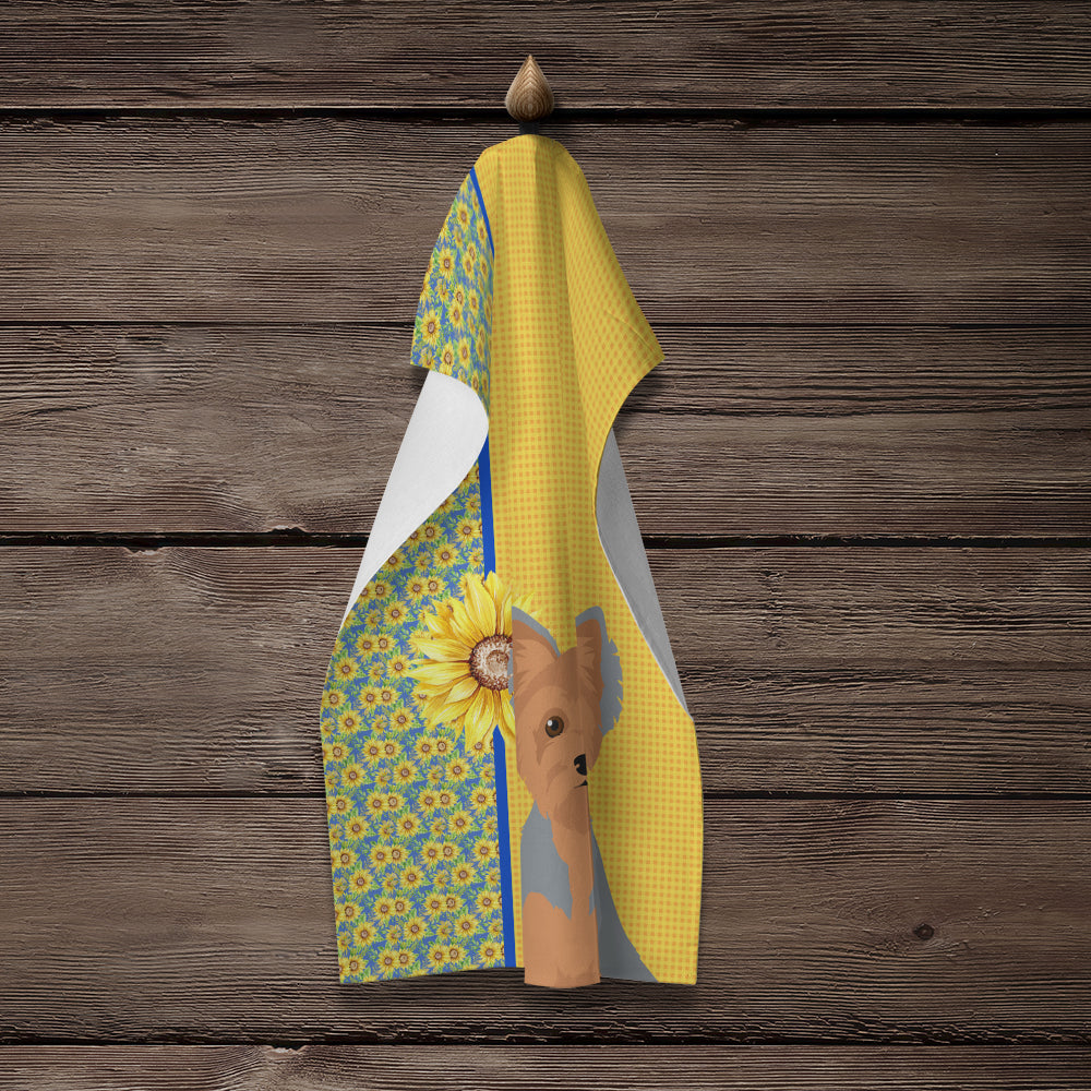 Summer Sunflowers Blue and Tan Puppy Cut Yorkshire Terrier Kitchen Towel - the-store.com