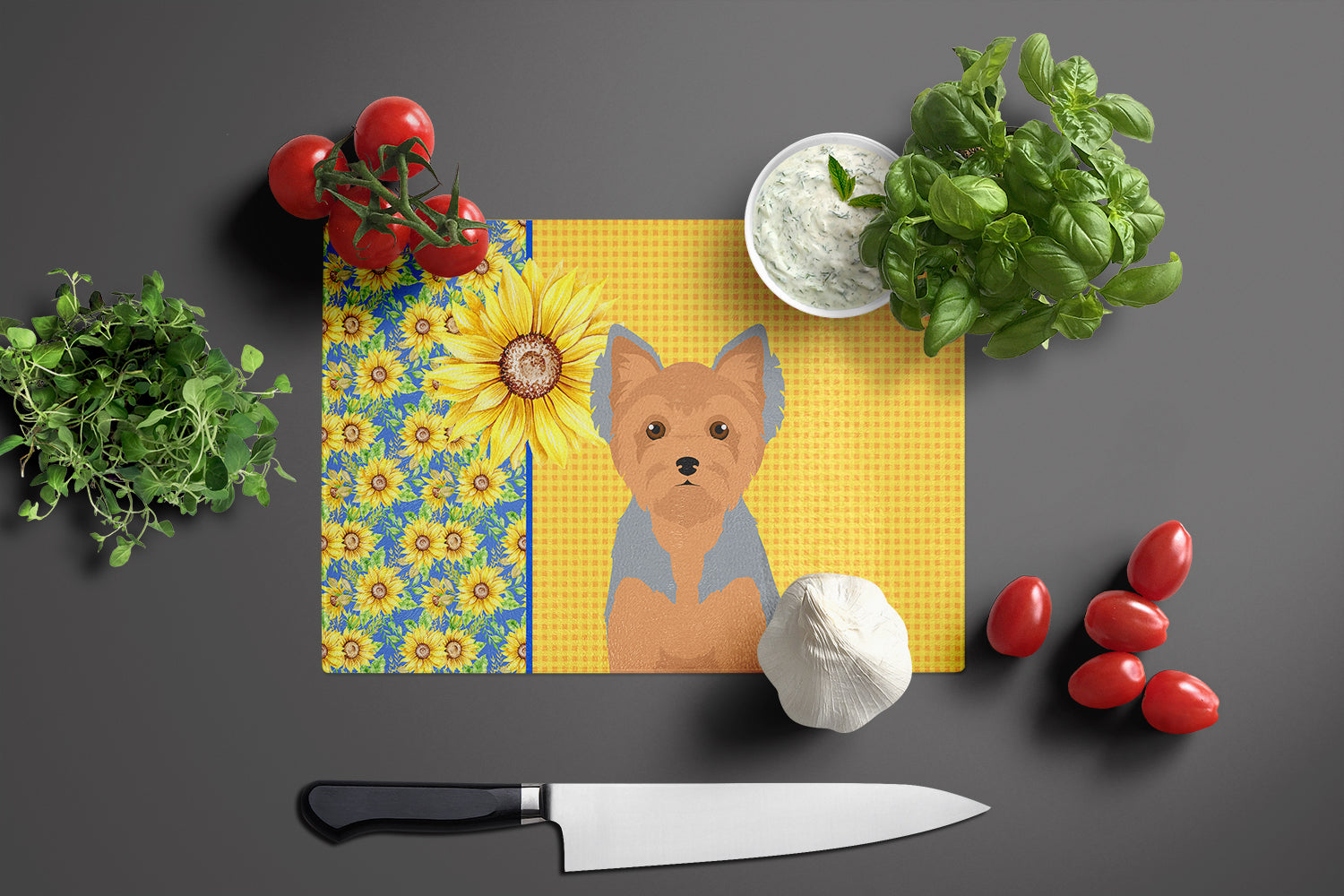Summer Sunflowers Blue and Tan Puppy Cut Yorkshire Terrier Glass Cutting Board Large - the-store.com
