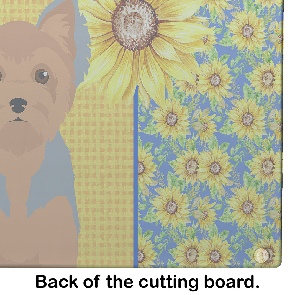 Summer Sunflowers Blue and Tan Puppy Cut Yorkshire Terrier Glass Cutting Board Large - the-store.com