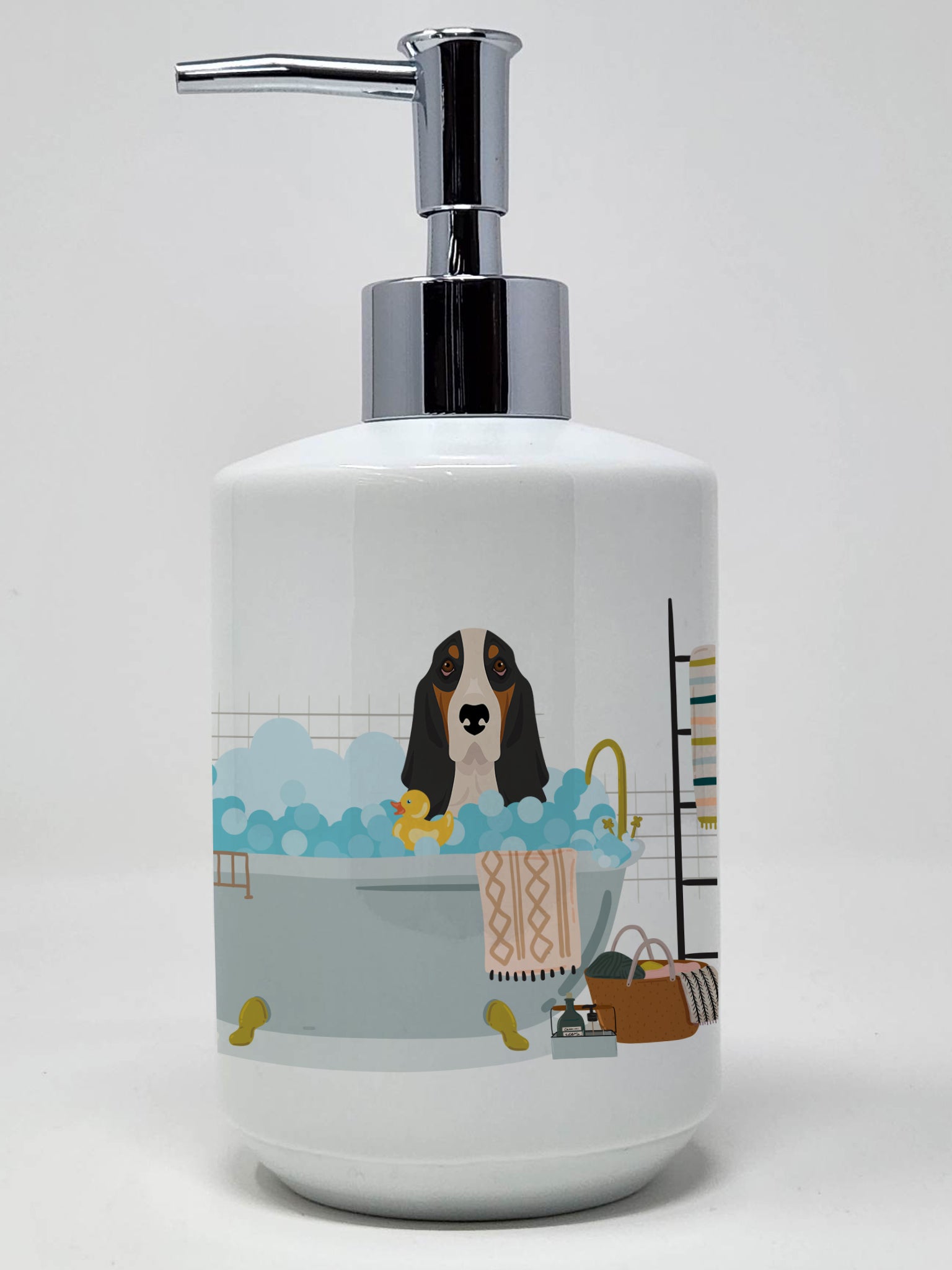 Buy this Black Tricolor Basset Hound Ceramic Soap Dispenser