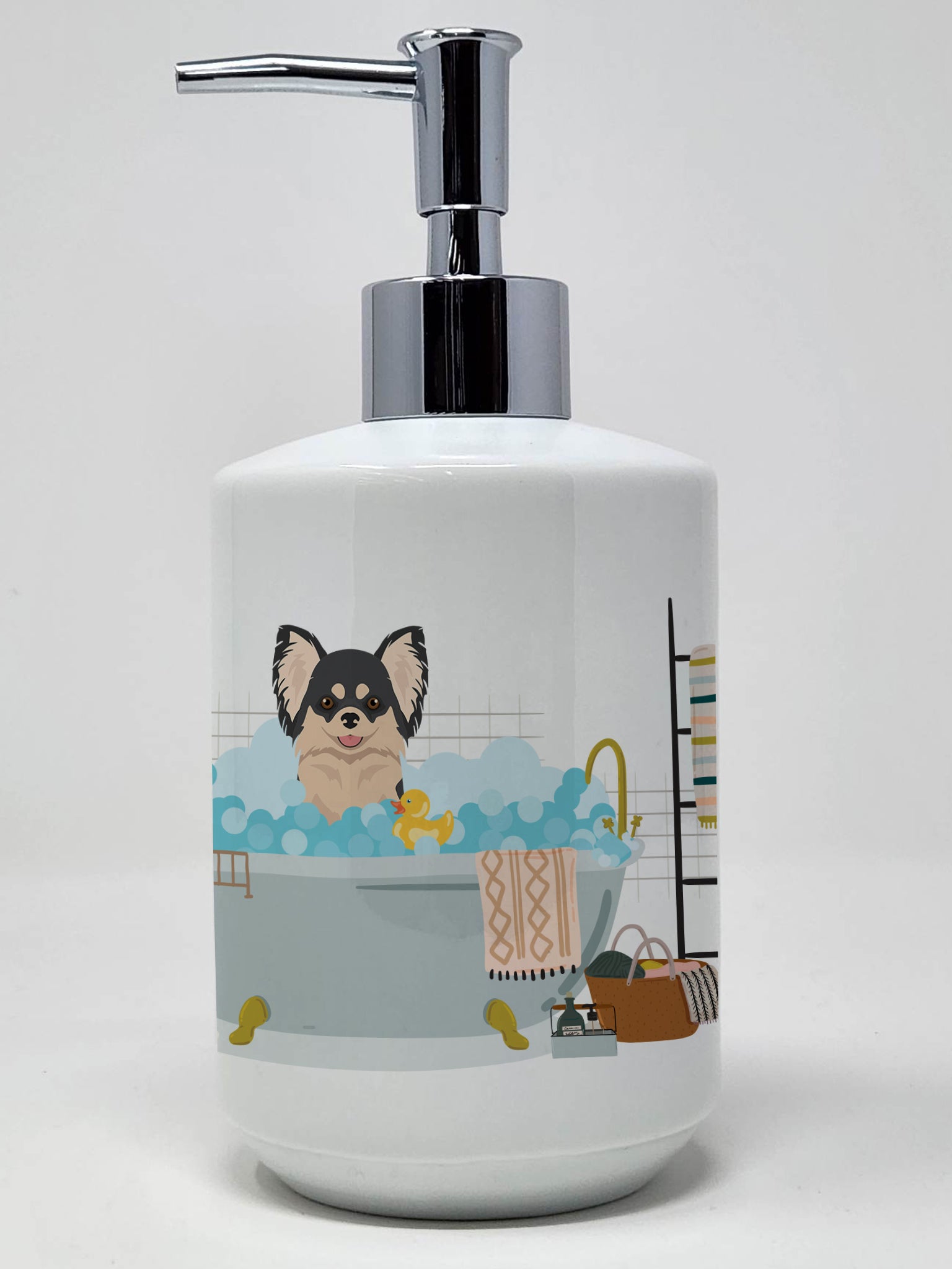 Buy this Longhaired Black and White Chihuahua Ceramic Soap Dispenser