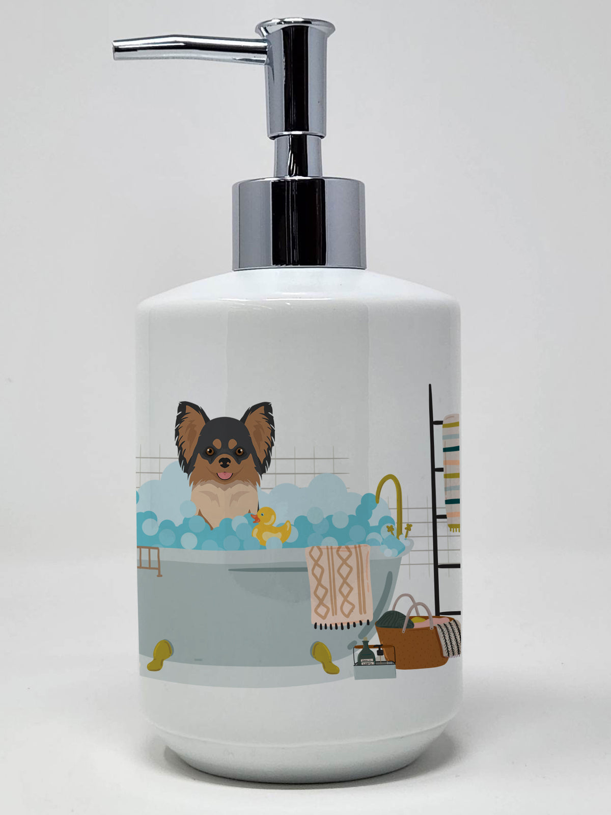 Buy this Longhaired Black and Tan Chihuahua Ceramic Soap Dispenser