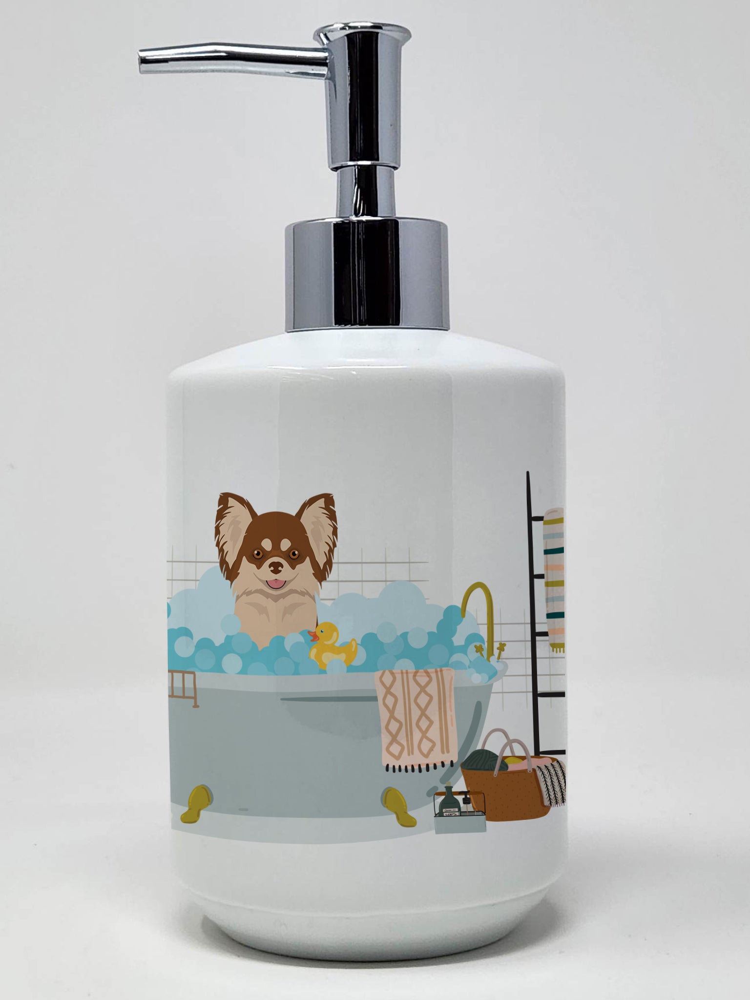 Buy this Longhaired Chocolate and White Chihuahua Ceramic Soap Dispenser
