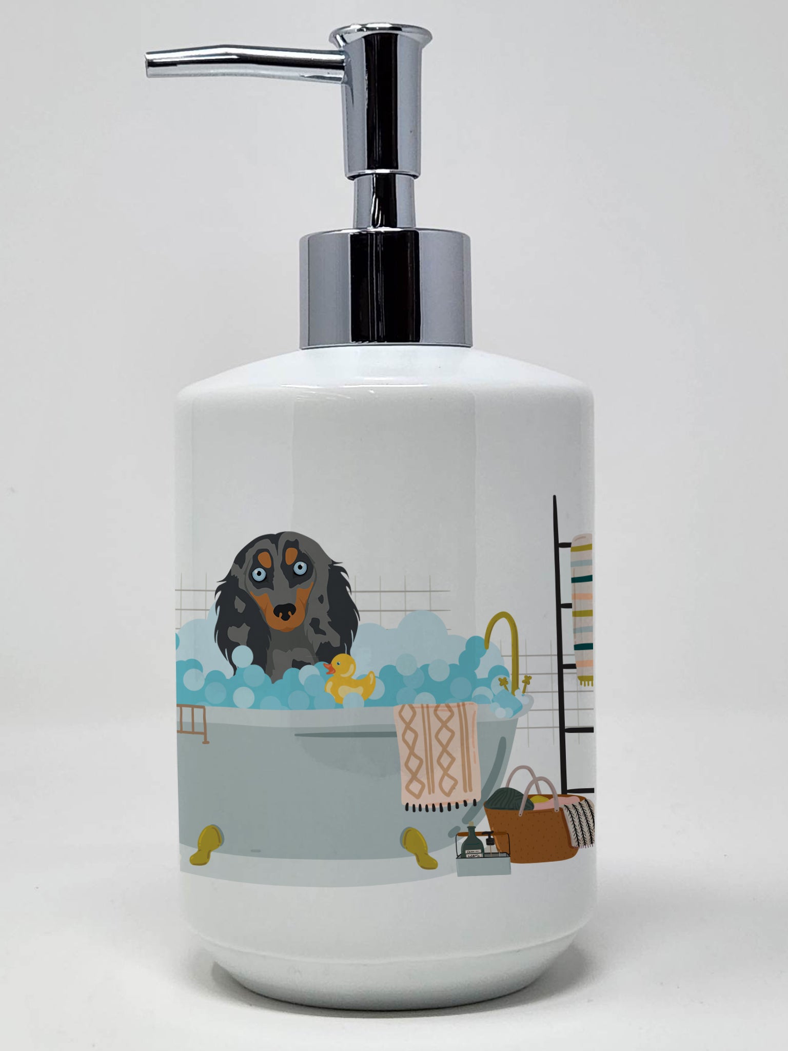 Buy this Longhair Blue and Tan Dapple Dachshund Ceramic Soap Dispenser