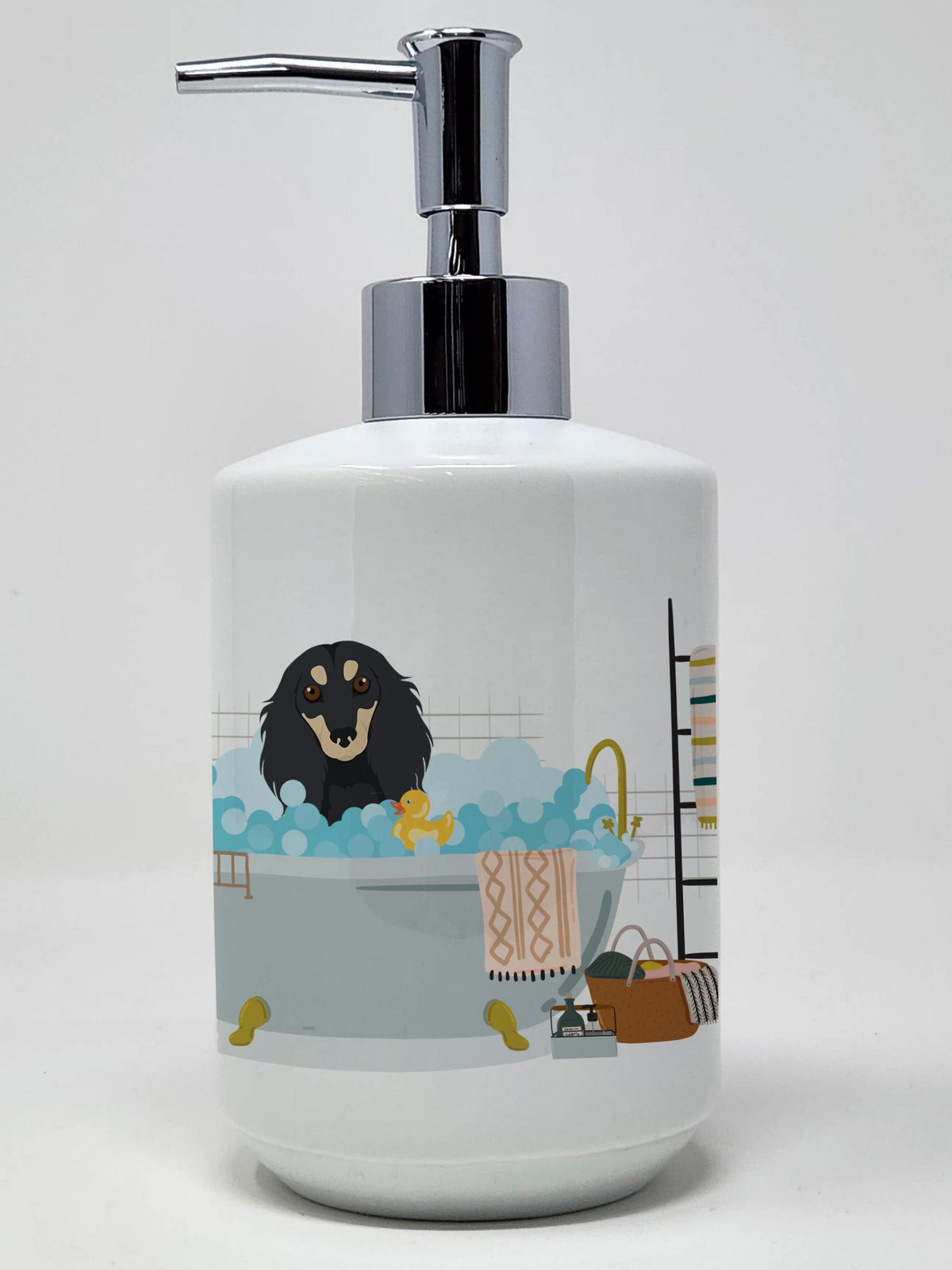 Buy this Longhair Black and Cream Dachshund Ceramic Soap Dispenser