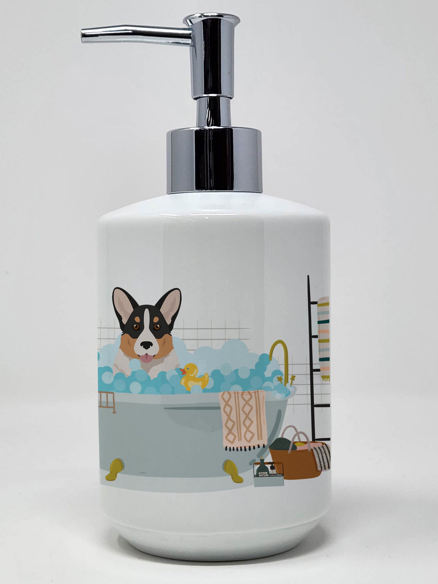 Buy this Tricolor Cardigan Corgi Ceramic Soap Dispenser