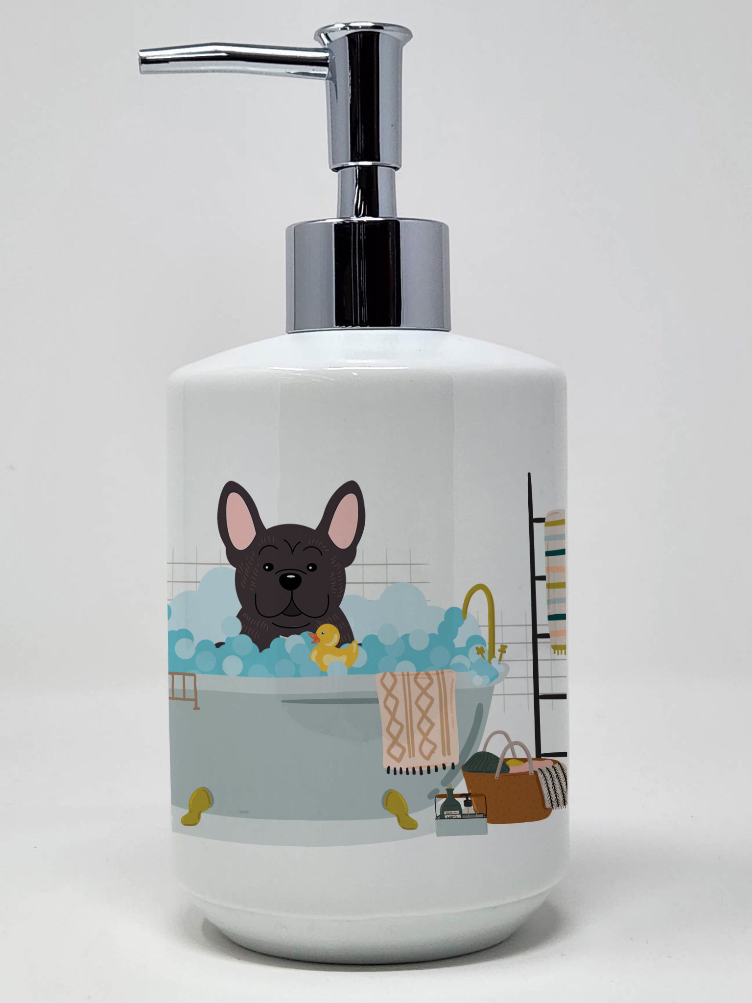 Buy this Brindle French Bulldog in Bathtub  Ceramic Soap Dispenser