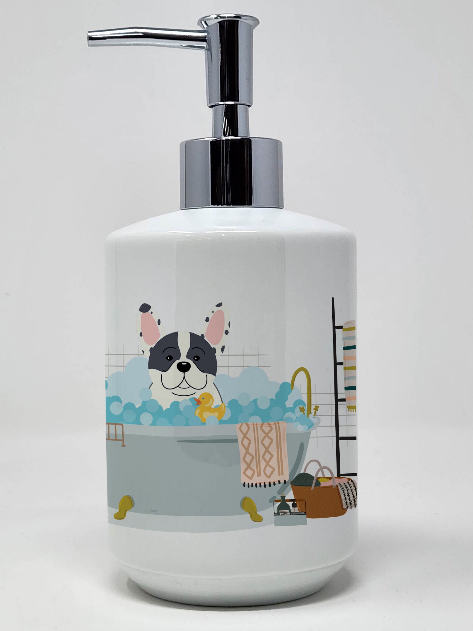 Buy this Piebald French Bulldog in Bathtub Ceramic Soap Dispenser