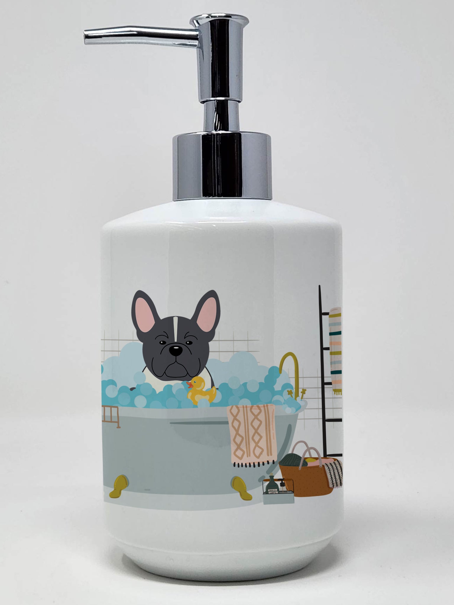 Buy this Black White French Bulldog in Bathtub Ceramic Soap Dispenser