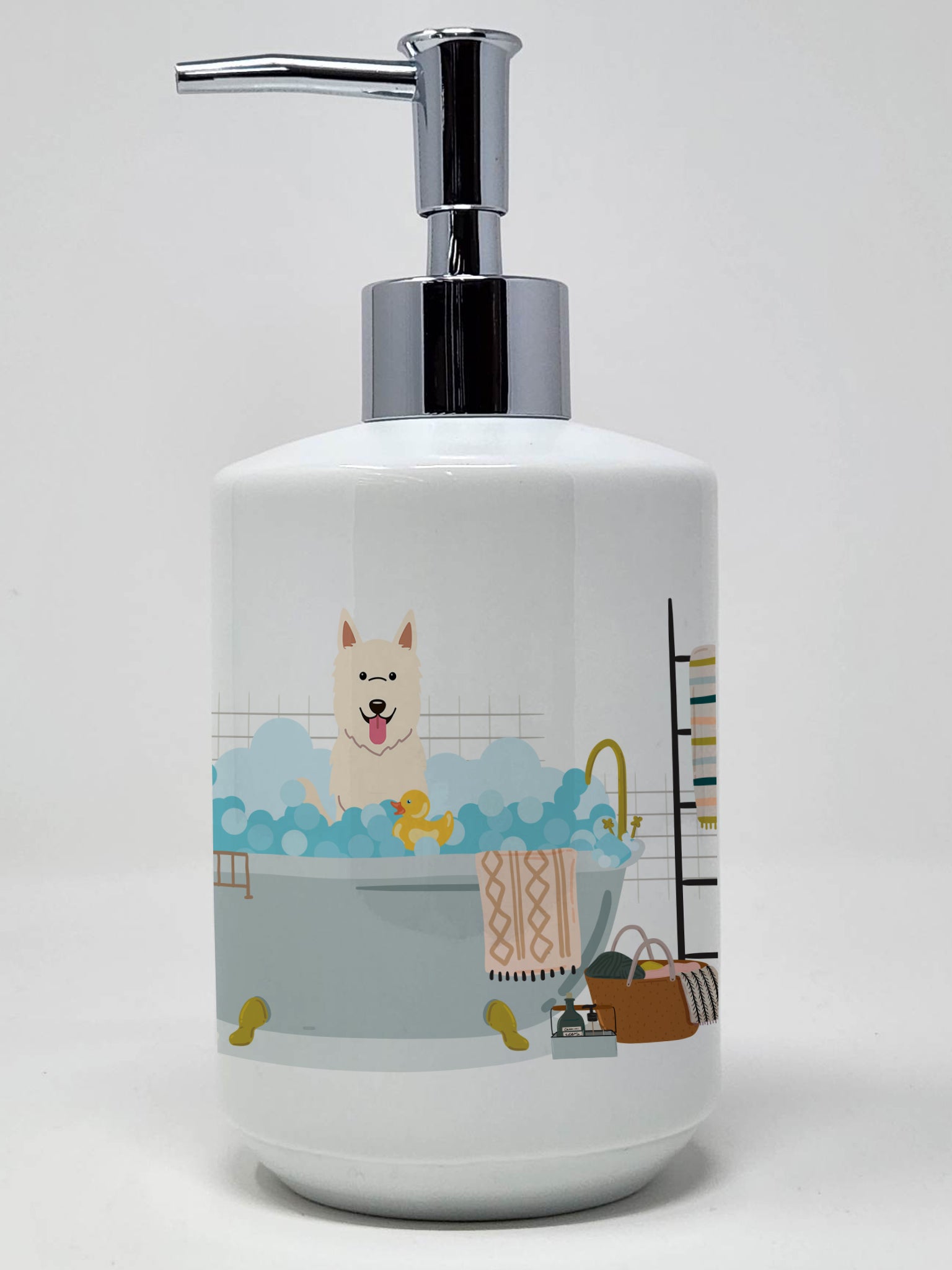 Buy this White German Shepherd in Bathtub Ceramic Soap Dispenser