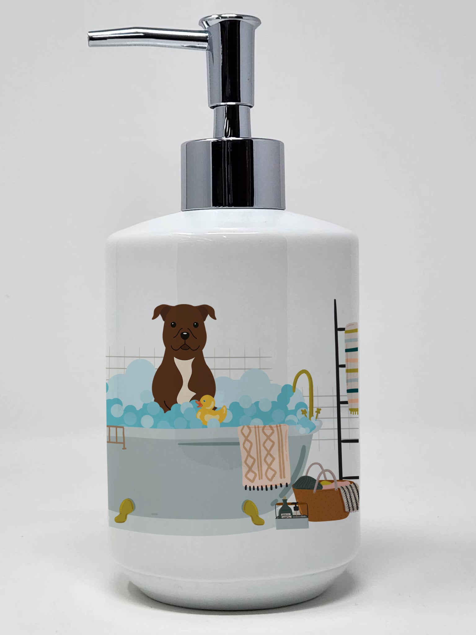 Buy this Chocolate Staffordshire Bull Terrier in Bathtub Ceramic Soap Dispenser