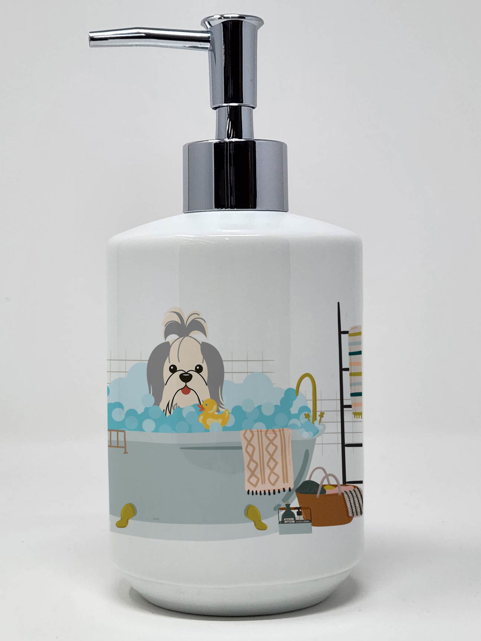 Buy this Silver White Shih Tzu in Bathtub Ceramic Soap Dispenser