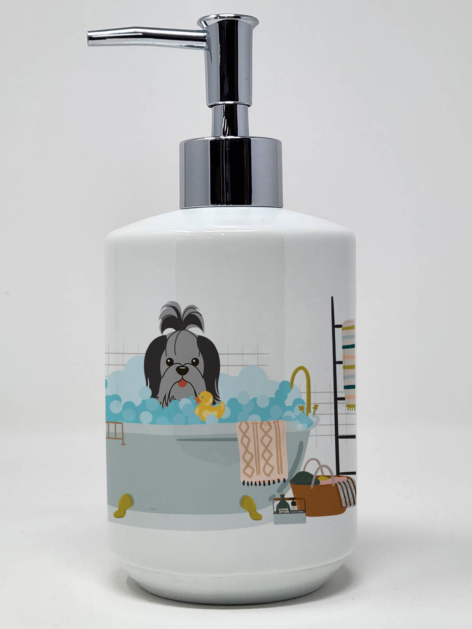 Buy this Black Silver Shih Tzu in Bathtub Ceramic Soap Dispenser