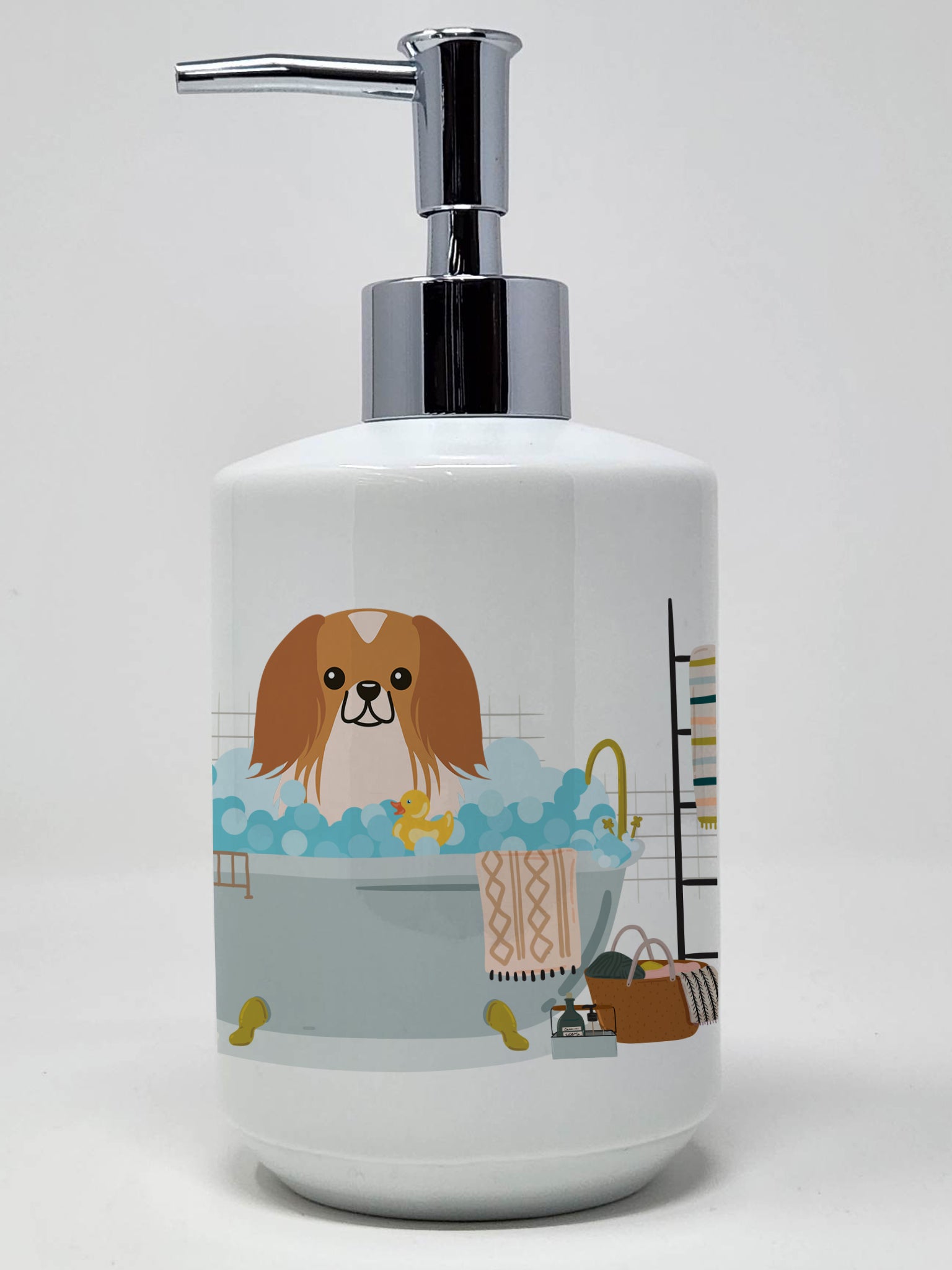 Buy this Red White Pekingese in Bathtub Ceramic Soap Dispenser