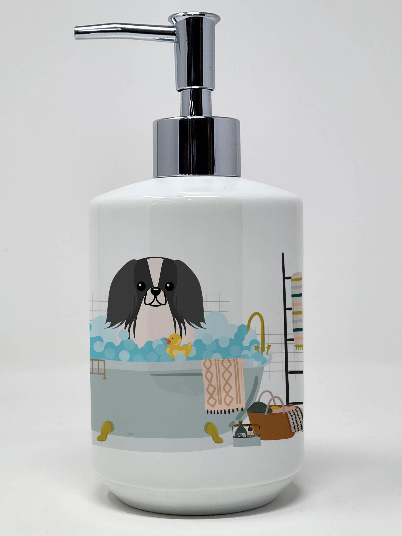 Buy this Black White Pekingese in Bathtub Ceramic Soap Dispenser