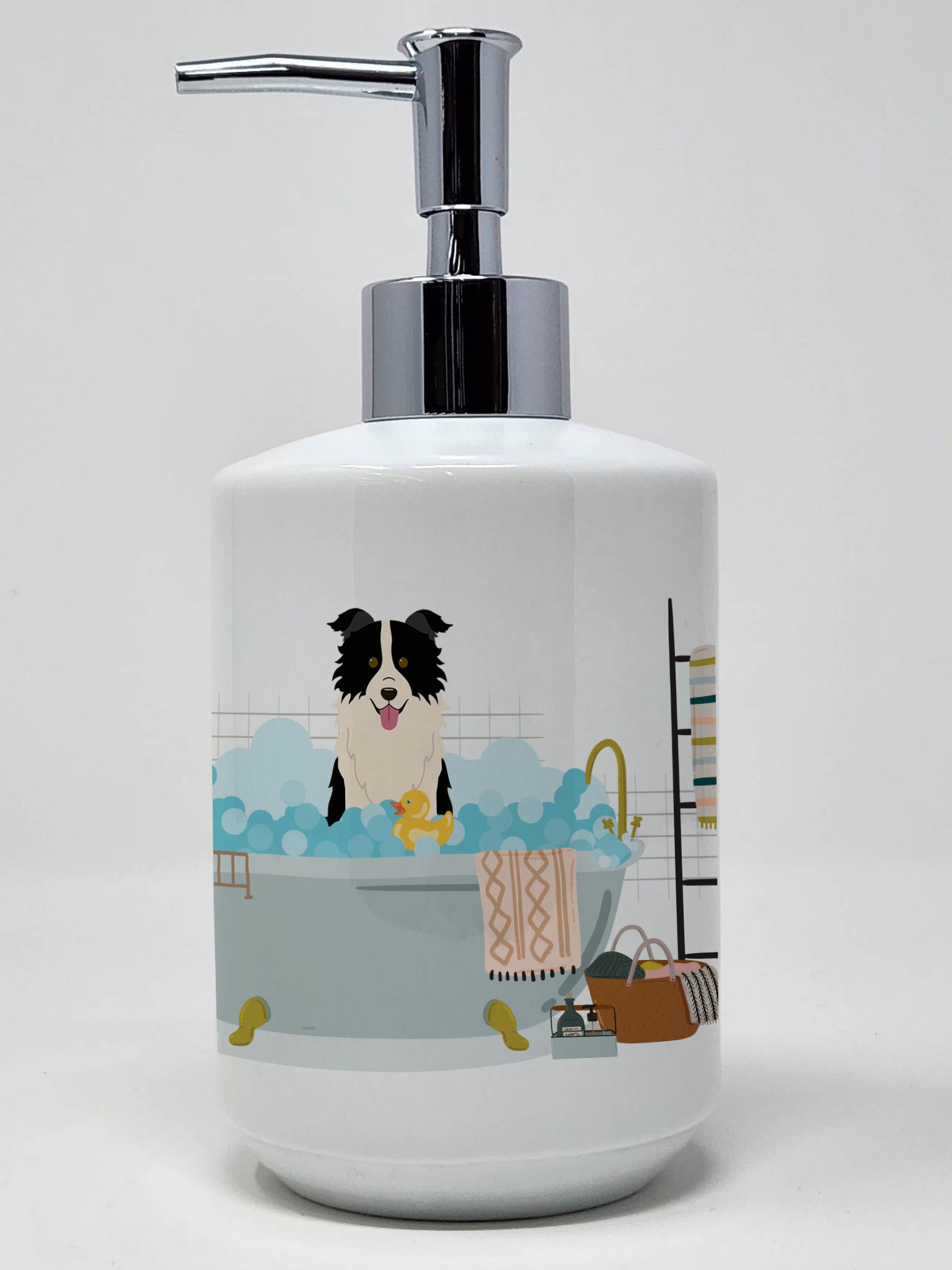 Buy this Black White Border Collie in Bathtub Ceramic Soap Dispenser