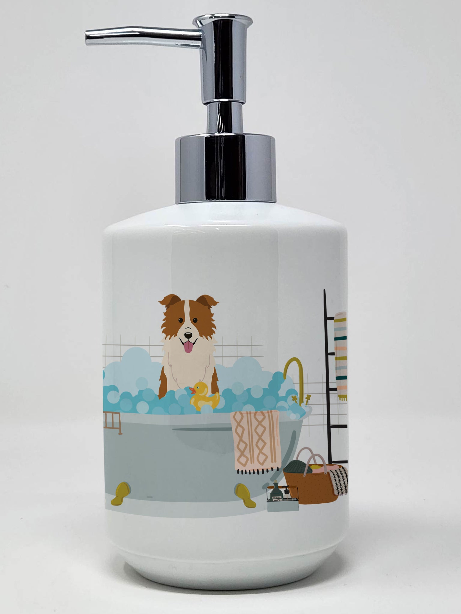 Buy this Red White Border Collie in Bathtub Ceramic Soap Dispenser