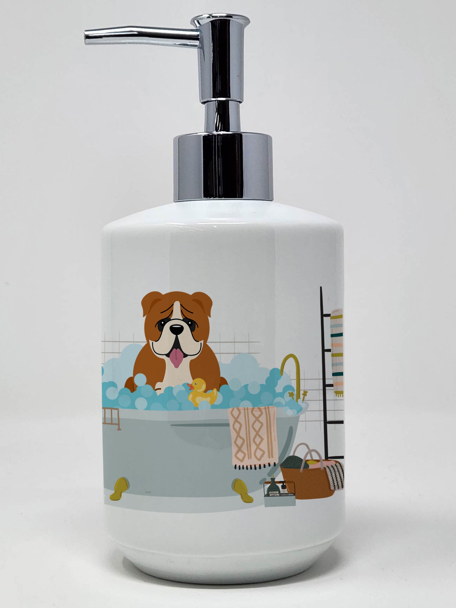 Buy this Red White English Bulldog in Bathtub Ceramic Soap Dispenser