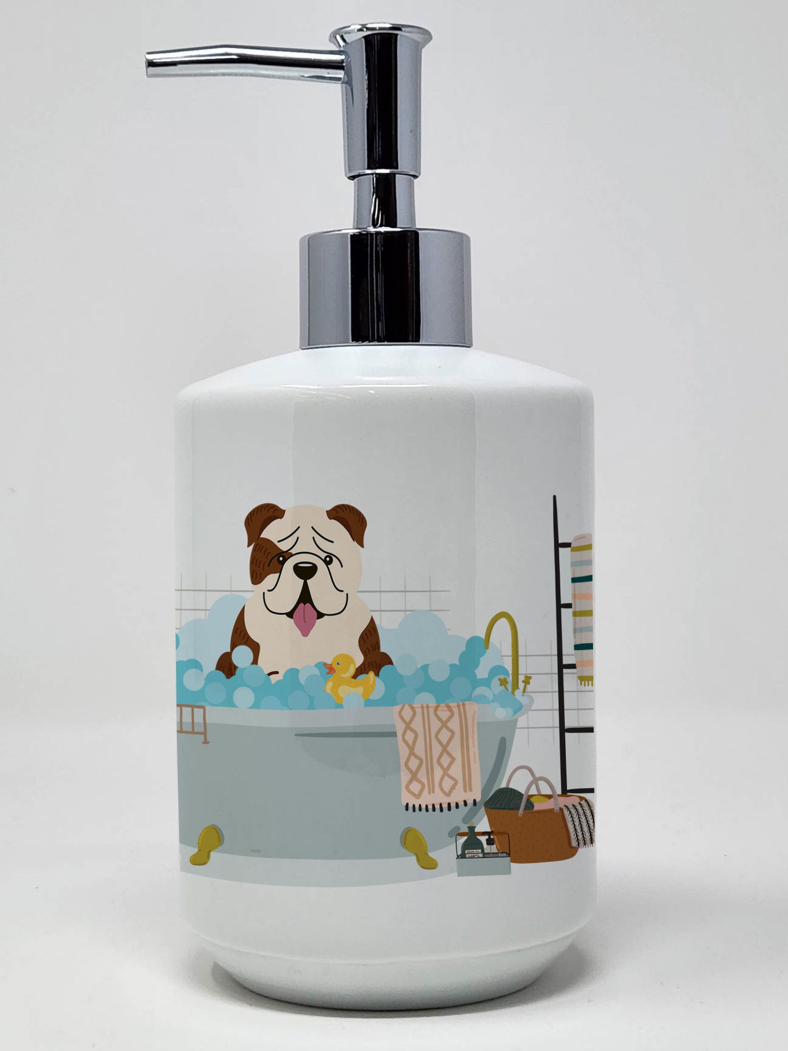 Buy this Brindle White English Bulldog in Bathtub Ceramic Soap Dispenser