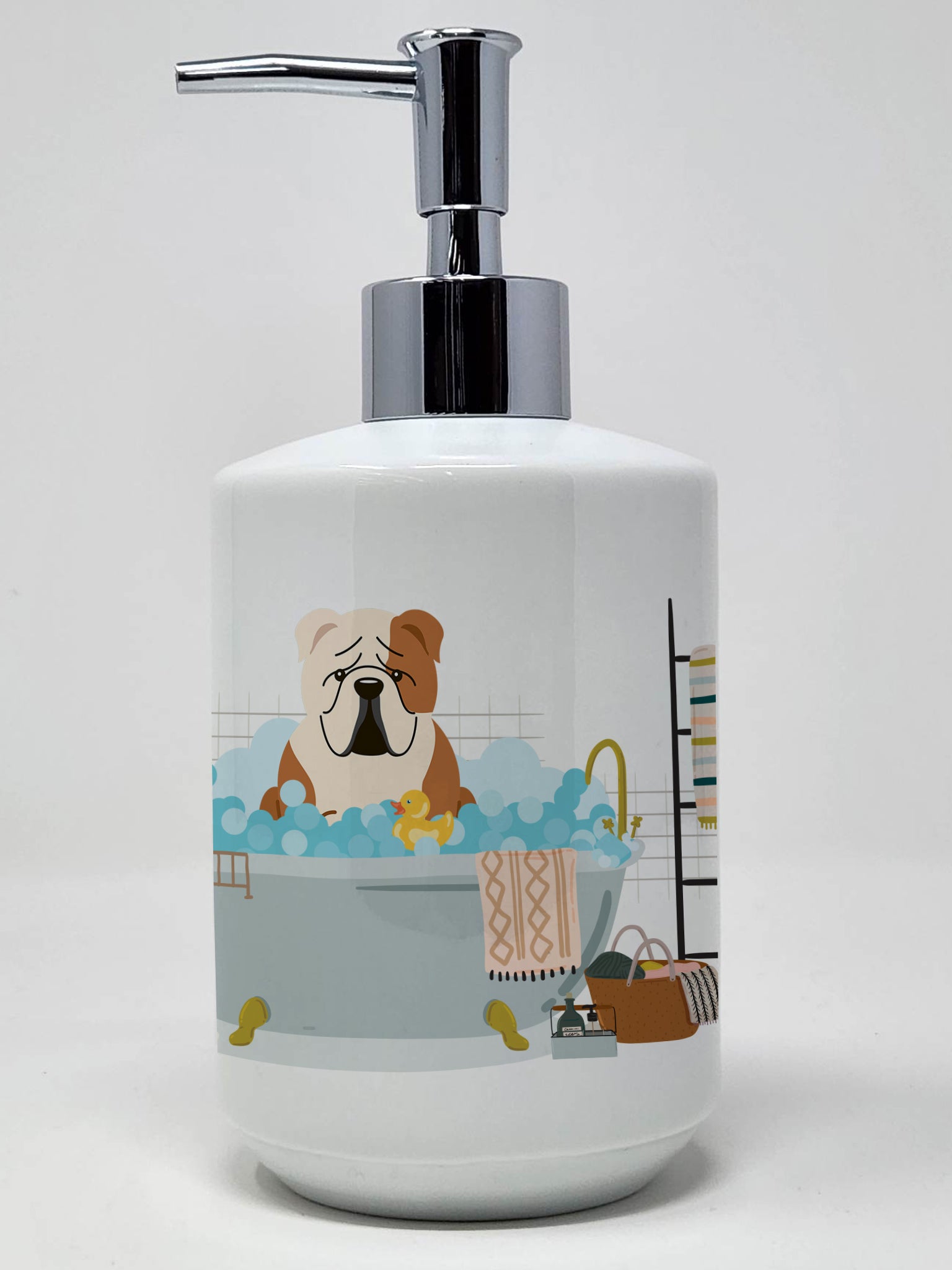 Buy this Fawn White English Bulldog in Bathtub Ceramic Soap Dispenser