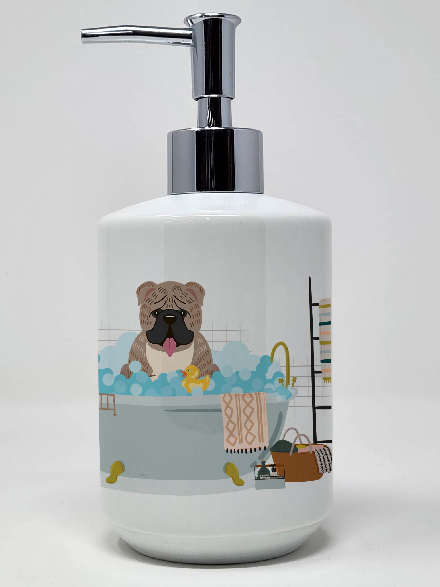 Buy this Grey Brindle English Bulldog in Bathtub Ceramic Soap Dispenser