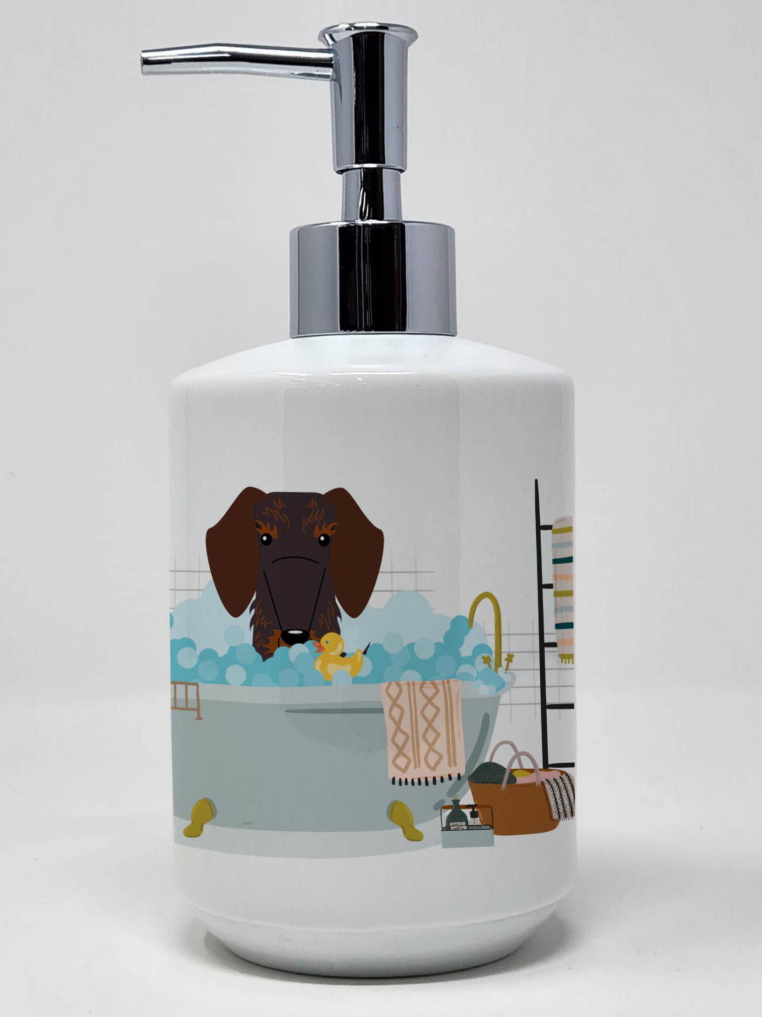 Buy this Chocolate Wire Haired Dachshund in Bathtub Ceramic Soap Dispenser