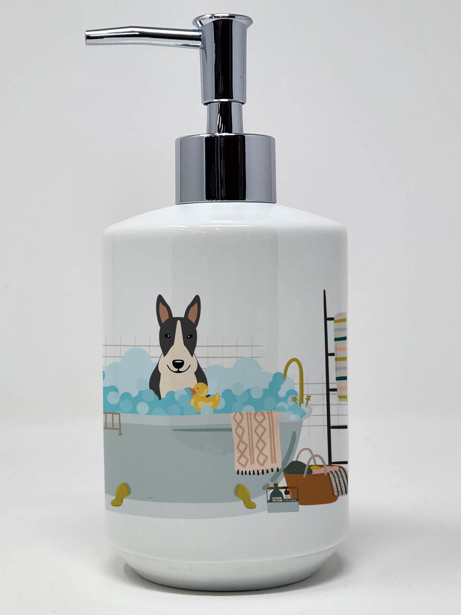 Buy this Black White Bull Terrier in Bathtub Ceramic Soap Dispenser