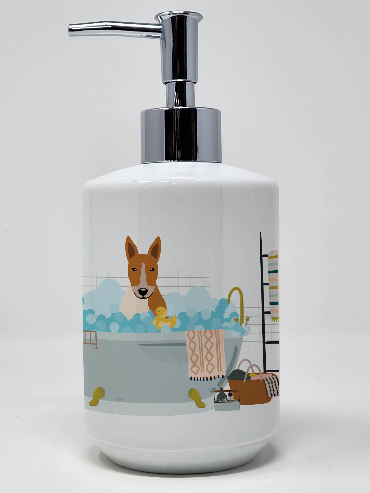 Buy this Red White Bull Terrier in Bathtub Ceramic Soap Dispenser