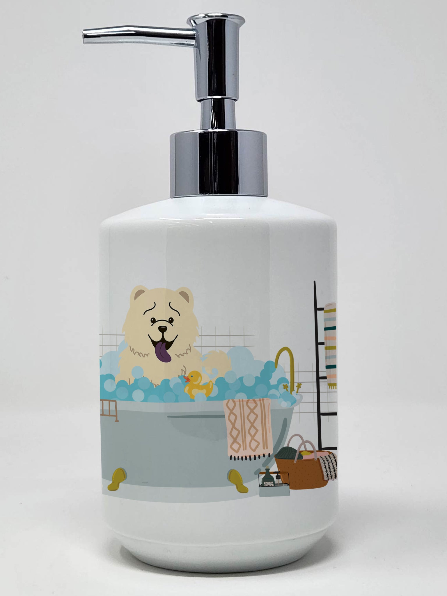 Buy this White Chow Chow in Bathtub Ceramic Soap Dispenser