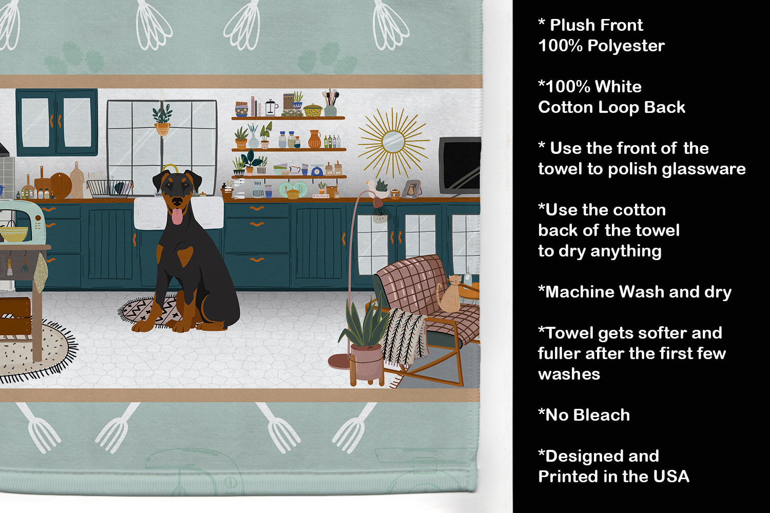 Natural Ear Black and Tan Doberman Pinscher in the Kitchen Kitchen Towel - the-store.com
