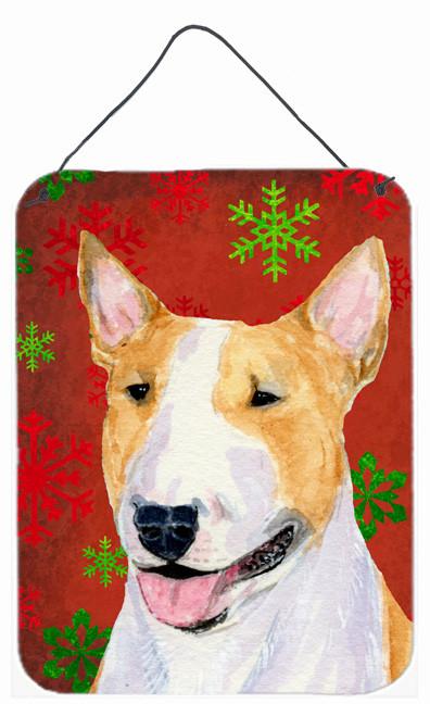 Bull Terrier Red Snowflakes Holiday Christmas Wall or Door Hanging Prints by Caroline&#39;s Treasures